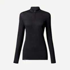 Merino Shirt Voor Trekking Dames MT500 Lange Mouwen Rits Aan De Hals