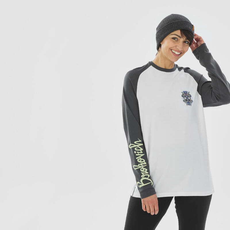 WEDZE Thermoshirt Voor Skiën Voor Dames BL 590 Brokovich Merinowol Grijs/wit 1 WEDZE Thermoshirt Voor Skiën Voor Dames BL 590 Brokovich Merinowol Grijs/wit