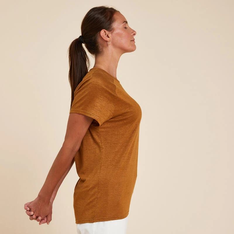 Yoga T-shirt Voor Dames 100% Linnen Made In France Camel 3 Yoga T-shirt Voor Dames 100% Linnen Made In France Camel - Afbeelding 3