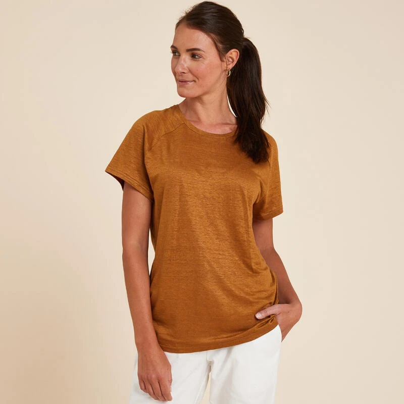Yoga T-shirt Voor Dames 100% Linnen Made In France Camel 1 Yoga T-shirt Voor Dames 100% Linnen Made In France Camel